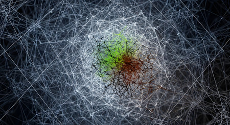 An abstract digital rendering of a complex, interconnected network with a central cluster highlighted in green and red. This intricate web of lines and nodes represents concepts like neural networks, big data, connectivity, artificial intelligence, and the complexity of modern systems.の素材