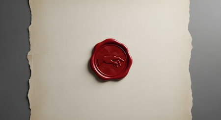 A close-up of a vibrant red wax seal stamped onto a piece of aged parchment with torn edges. The seal features a distinct impression of a hand, symbolizing a signature, approval, or a personal touch on an official document or letter.の素材