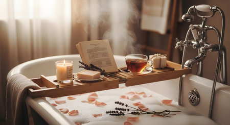 A tranquil and luxurious bath scene featuring a bubble bath with rose petals. A wooden caddy tray across the tub holds a steaming cup of tea, a lit candle, an open book, and lavender, creating a cozy atmosphere of self-care and relaxation.の素材