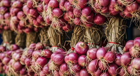 A close-up shot of numerous bunches of fresh red onions tied together and hanging in rows, typical of a farmers' market. The vibrant purple skin and dry roots are in sharp focus, showcasing fresh, organic produce.の素材