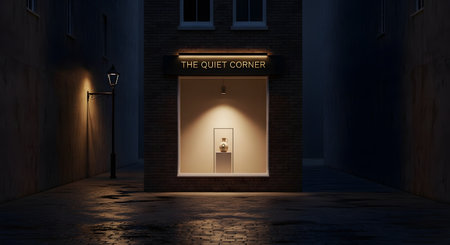 A warmly lit shop window with the sign 'THE QUIET CORNER' stands out on a dark, narrow city alley at night. A single, spotlit ceramic vase is displayed on a pedestal, creating a minimalist, moody, and intriguing scene with wet cobblestones reflecting the light.の素材