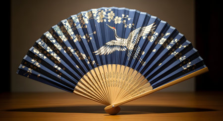 An elegant, traditional Japanese folding fan is displayed open on a wooden surface. The dark blue fan is beautifully decorated with a painted white crane in flight among cherry blossom branches, symbolizing Japanese culture, art, and good fortune.の素材