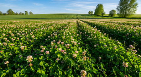 A beautiful, sunlit field of blooming white and pink clover stretches towards a gentle hill under a clear blue sky. Tire tracks run through the lush green meadow, suggesting agriculture and a peaceful rural landscape.の素材
