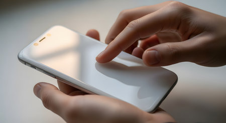 A close-up view of a person's hands holding a modern white smartphone. One finger is touching the blank, reflective screen, representing communication, technology, and interaction with digital devices.の素材
