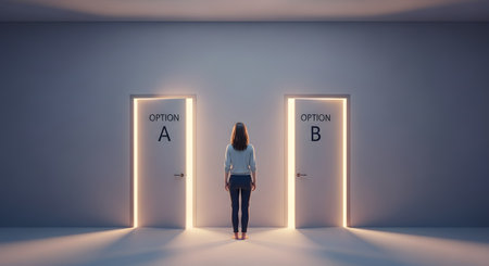A woman, seen from behind, stands in a bare room facing two identical, glowing doors labeled 'OPTION A' and 'OPTION B'. This conceptual image represents a critical life decision, choice, dilemma, opportunity, and the uncertainty of the future.の素材