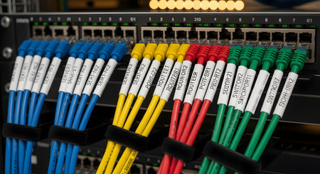 A close-up of a network switch with numerous color-coded and labeled ethernet cables plugged into its ports. The organized cable management with blue, yellow, red, and green patch cords represents data center infrastructure and connectivity.の素材