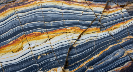 An abstract close-up of a rock surface with distinct, colorful layers of sediment or minerals. The cracked pattern features bold stripes of black, white, and rusty orange, creating a vibrant natural geology background.の素材