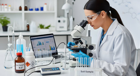 A focused female scientist in a lab coat and safety glasses examines a soil sample through a microscope in a modern laboratory. Her workstation includes a laptop displaying data charts and various scientific glassware, representing research, analysis, and discovery.の素材