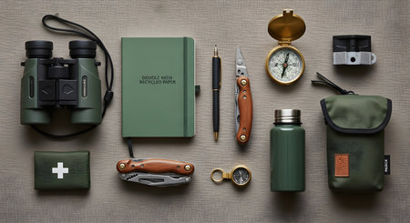 An organized flat lay of outdoor adventure and survival essentials arranged neatly on a canvas background. The green-themed gear includes binoculars, a compass, a multitool, a notebook, a water bottle, a first-aid kit, and a utility pouch. This image represents preparedness, hiking, camping, and exploration.の素材