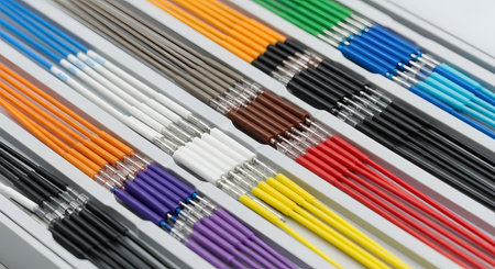 A close-up view of multiple sets of colorful wires or medical tubes neatly arranged in a tray. The vibrant colors like blue, orange, purple, and green create an organized and precise pattern, representing technology, manufacturing, or medical equipment.の素材