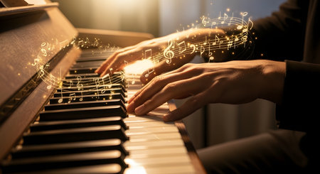 A close-up of a musician's hands gracefully playing a piano, with a magical, glowing stream of musical notes and staves flowing out from the keys. The warm, atmospheric lighting conveys the passion, creativity, and beauty of music.の素材