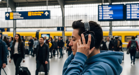 A young man in a blue hoodie stands with his eyes closed, listening to music on large headphones in a bustling train station. The busy background with travelers and a yellow train is blurred, emphasizing his personal escape and focus amidst the chaos of public transport.の素材