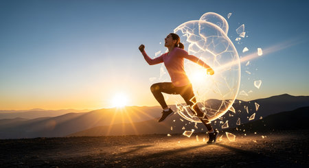 An athletic woman runs with determination on a mountaintop at sunrise, shattering a glass-like barrier that had surrounded her. This conceptual image represents breaking free, overcoming obstacles, personal growth, empowerment, and achieving freedom.の素材