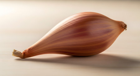 A single, elegantly shaped whole banana shallot with papery golden-brown skin rests on a smooth, light-colored wooden table. The soft lighting emphasizes the onion's smooth texture and elongated form, highlighting it as a gourmet cooking ingredient.の素材