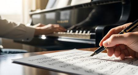 In the foreground, a composer's hand writes musical notes on sheet music with a fountain pen. In the softly focused background, another person's hands play a classical piece on a grand piano, blending the acts of musical creation and performance in one artistic scene.の素材