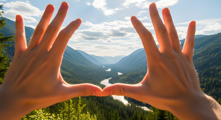A first-person point of view showing two hands forming a frame around a breathtaking mountain valley landscape. A river meanders through the lush green forest below, symbolizing perspective, love for nature, and capturing memories.の素材