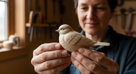 A female woodcarver in her workshop holds a beautifully detailed, hand-carved wooden bird. She looks at her creation with a gentle smile, conveying pride, passion, and the art of traditional craftsmanship.の素材