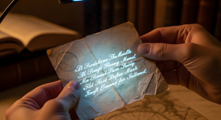 Two hands hold a piece of old, crinkled parchment with a wax seal stamp, while a beam of light from above projects glowing, holographic text onto its surface. This image conveys a sense of mystery, historical discovery, and the intersection of ancient secrets with modern technology.の素材
