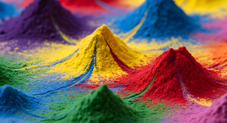 Multiple vibrant piles of colored powder pigment, such as red, yellow, blue, and green, are arranged in a landscape-like formation. The image represents the Holi festival of colors in India, celebrating joy, spring, and cultural traditions.の素材