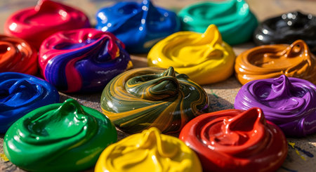 A macro close-up of vibrant, thick blobs of acrylic or oil paint in various colors like red, blue, yellow, and green. The rich texture and swirling mixtures of the paint create a colorful and creative abstract background for art-related themes.の素材