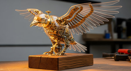 An intricate steampunk sculpture of a bird with exposed gears and mechanisms, made from brass, glass, and metal, resting on a wooden block. This piece of automaton art represents craftsmanship, engineering, fantasy, and the fusion of technology and nature.の素材