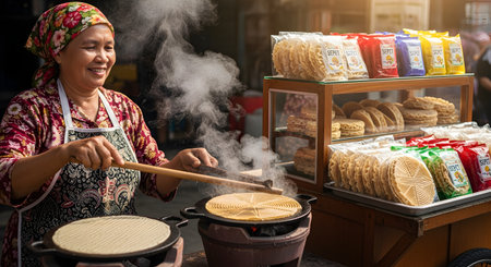 A smiling Indonesian woman wearing an apron and headscarf skillfully cooks traditional wafer snacks, Kue Sepit, on a charcoal stove. Steam rises from the hot molds, and packaged snacks are displayed for sale at her market stall, showcasing local culture and small business entrepreneurship.の素材