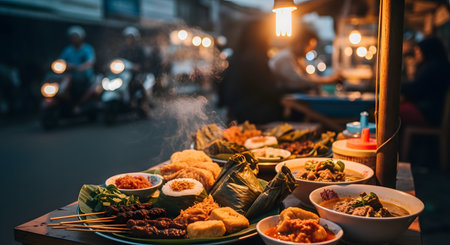 A delicious spread of authentic Indonesian street food is displayed at a 'kaki lima' (street food cart) at night. The dishes include satay, rice wrapped in banana leaves, and various sambals, with steam rising and the warm glow of a lightbulb illuminating the scene.の素材