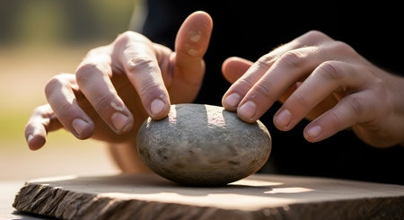 A close-up of a pair of hands gently hovering over a smooth, grey river stone that rests on a rustic wooden slab. The image evokes a sense of connection with nature, mindfulness, grounding, energy healing, or the primitive act of tool making.の素材