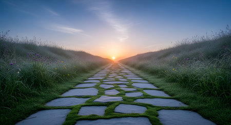 A stone path with green moss growing between the cracks leads straight towards a beautiful sunrise on the horizon. The tranquil scene, flanked by grassy fields, represents a journey, a new beginning, hope, and the path forward in life.の素材