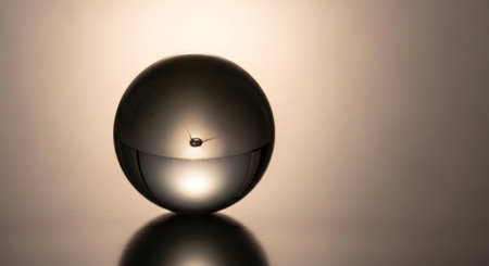 A flawless clear glass sphere, or crystal ball, rests on a smooth, reflective surface with a warm, glowing background. The minimalist and elegant composition evokes concepts of clarity, fortune-telling, purity, and the future.の素材