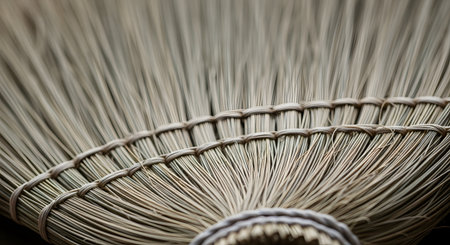 A detailed macro photograph focusing on the texture of a traditional straw broom. The image highlights the intricate woven binding that holds the natural fanned-out bristles together, creating an abstract pattern.の素材