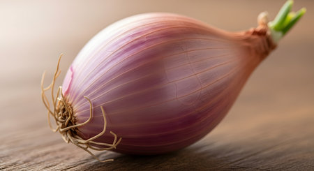 A detailed macro photograph of a single fresh shallot with its papery purple skin and green sprout. The shallot rests on a textured wooden surface, highlighting its organic form and culinary use.の素材