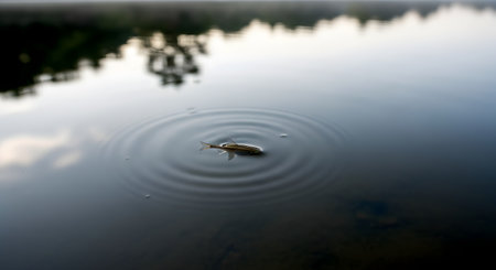 A single small fish swims at the surface of perfectly calm water, creating concentric ripples that expand outwards. The tranquil and minimalist scene, with reflections on the water, evokes concepts of peace, impact, and nature.の素材