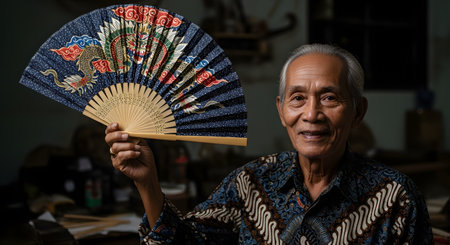 A smiling elderly Indonesian man wearing a traditional batik shirt proudly displays a beautifully handcrafted fan with a dragon and cloud motif. This portrait captures the essence of Indonesian culture, tradition, and skilled craftsmanship.の素材