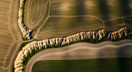 A top-down aerial drone view captures the abstract patterns of agricultural fields divided by a winding, eroded gully. The contrast in textures and colors between the plowed land and the natural ravine creates a striking landscape.の素材