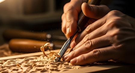 A detailed close-up of a woodworker's hands using a sharp chisel to carve an intricate, ornate pattern into a piece of wood. A delicate wood shaving curls up from the tool, showcasing the artisan's skill, precision, and the traditional craft of woodworking.の素材