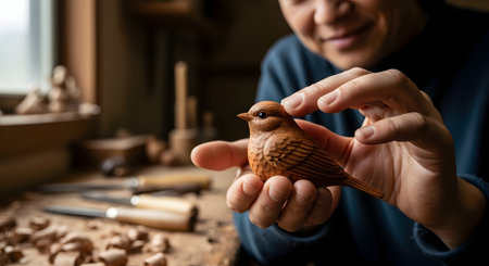 A smiling Japanese craftsman holds and admires a small, intricately carved wooden bird he has just finished. His cozy workshop, filled with wood shavings and carving tools, is visible in the background, highlighting traditional skill and artistry.の素材