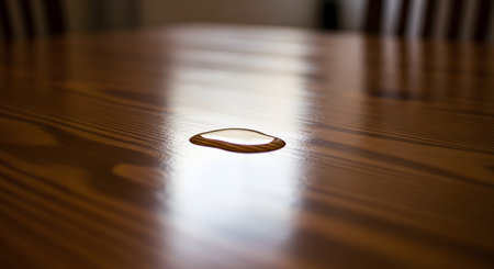 A close-up, selective focus shot of a small puddle of clear water spilled on the surface of a polished, dark wood table. The liquid beautifully reflects the ambient light, and the intricate grain of the wood is visible around it.の素材