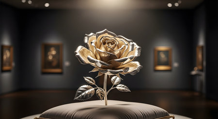 A beautiful sculpture of a rose, crafted from gold and silver, is displayed on a cushion in the center of an art gallery. The precious artwork is spotlit, highlighting its intricate details, with blurred paintings on the walls in the background.の素材