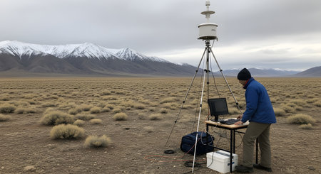 A scientist in a remote, arid landscape with snow-capped mountains conducts field research using a laptop and specialized equipment on a tripod. This scene represents environmental science, data collection, and exploration in a challenging, remote location.の素材