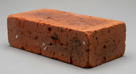 A close-up studio shot of a single, standard red clay brick resting on a neutral grey background. The image highlights the rough texture, cracks, and imperfections of the construction material.の素材