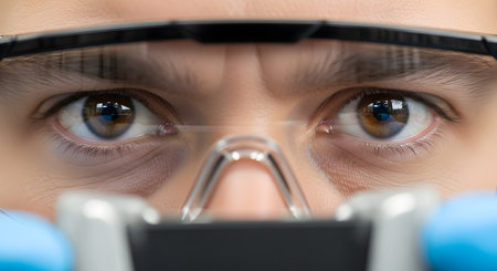 An intense, extreme close-up of a scientist's or researcher's focused brown eyes wearing protective safety glasses. The reflection indicates they are looking intently at a sample, possibly through a microscope, symbolizing research, discovery, and precision.の素材