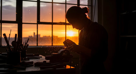 A silhouette of a female artisan working intently at her workbench, with sparks flying from her craft. The scene is backlit by a beautiful sunset seen through a large workshop window, symbolizing dedication, passion, and craftsmanship.の素材