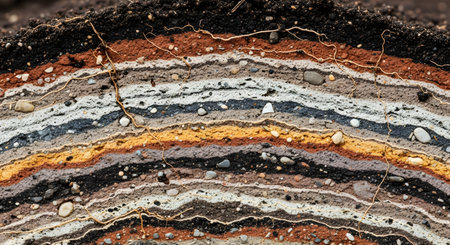 A detailed cross-section of the earth, revealing multiple colorful and distinct layers of soil and sediment. Plant roots and small stones are visible throughout the different strata, illustrating concepts in geology, archaeology, and soil science.の素材