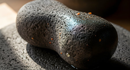 A macro shot of an unusual peanut-shaped object with a porous, black, volcanic rock-like texture. The object rests on a similar textured surface with moisture droplets and subtle iridescent reflections, creating a mysterious and organic feel.の素材