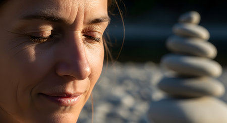 A close-up of a woman's serene face with her eyes closed in peaceful meditation. In the blurred background, a stack of balanced Zen stones on a pebble beach reflects concepts of mindfulness, balance, and tranquility.の素材