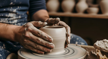 A close-up of a potter's hands, covered in wet clay, skillfully shaping a pot on a spinning pottery wheel. The artist is focused on their craft in a workshop, with finished pottery visible in the background, representing creativity, skill, and handmade traditions.の素材