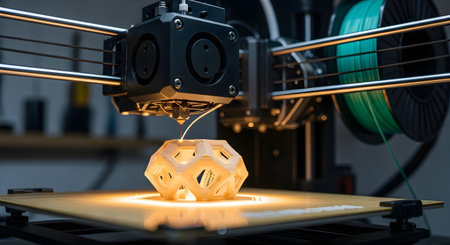 A close-up of a 3D printer in operation, extruding filament to create a complex geometric object layer by layer. The illuminated nozzle and the intricate design showcase modern technology, rapid prototyping, and additive manufacturing.の素材
