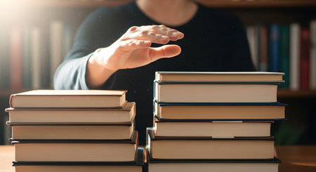 A person's hand reaches out to select a book from one of two tall stacks on a wooden desk. The background is filled with a blurry bookshelf, conveying a sense of learning, knowledge, and research in a library or study.の素材