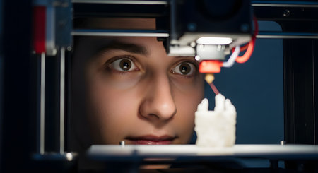 A close-up of a young man with wide, focused eyes intently watching a 3D printer as it builds a small, white object. The image captures a sense of wonder, innovation, and focus on modern manufacturing technology.の素材
